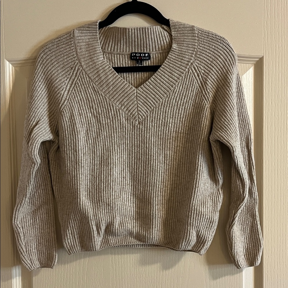 POOF Oversized Ribbed V-Neck Sweater in Light Beige